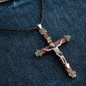Jesus Crucifix Cross Wood Sterling Silver Pendant