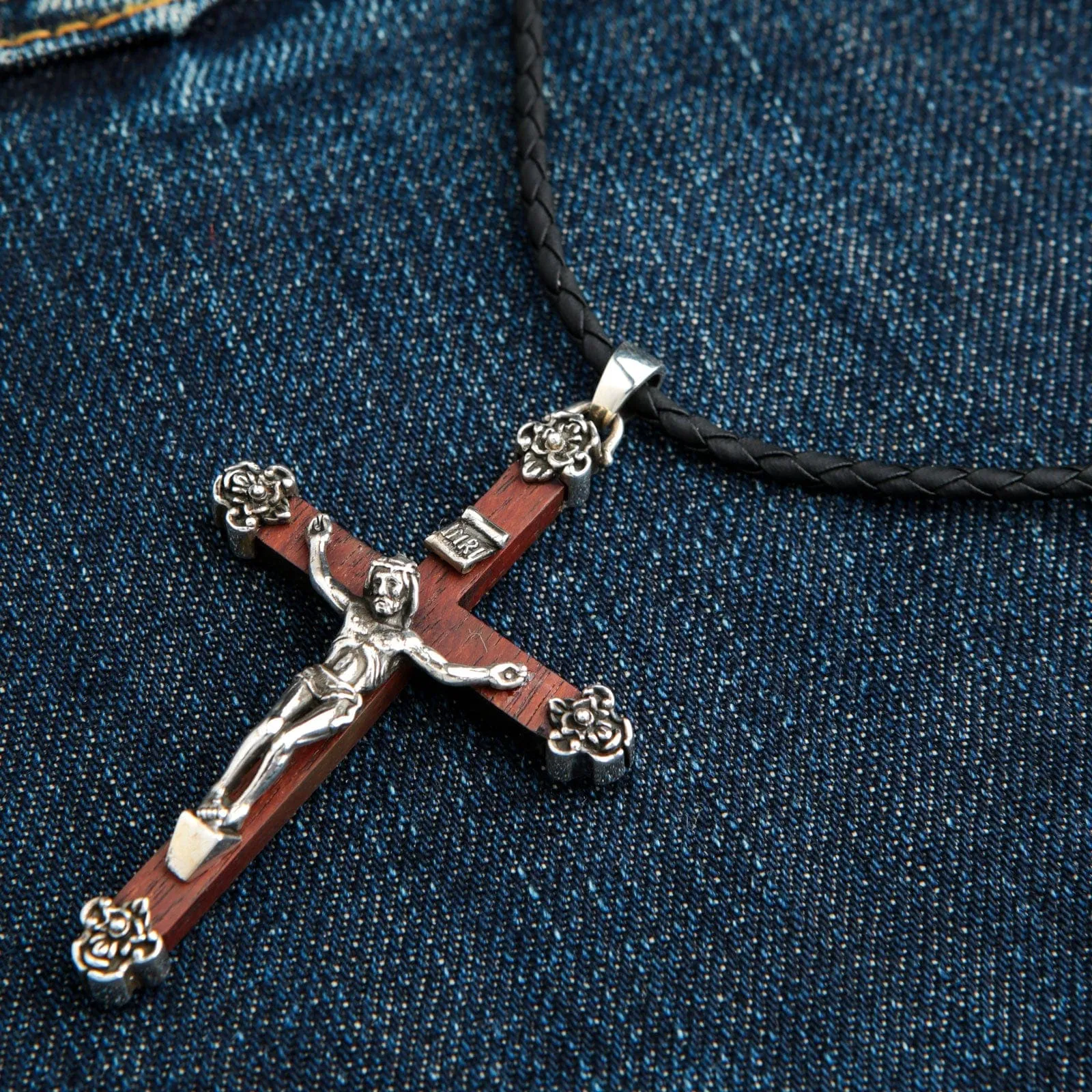 Jesus Crucifix Cross Wood Sterling Silver Pendant
