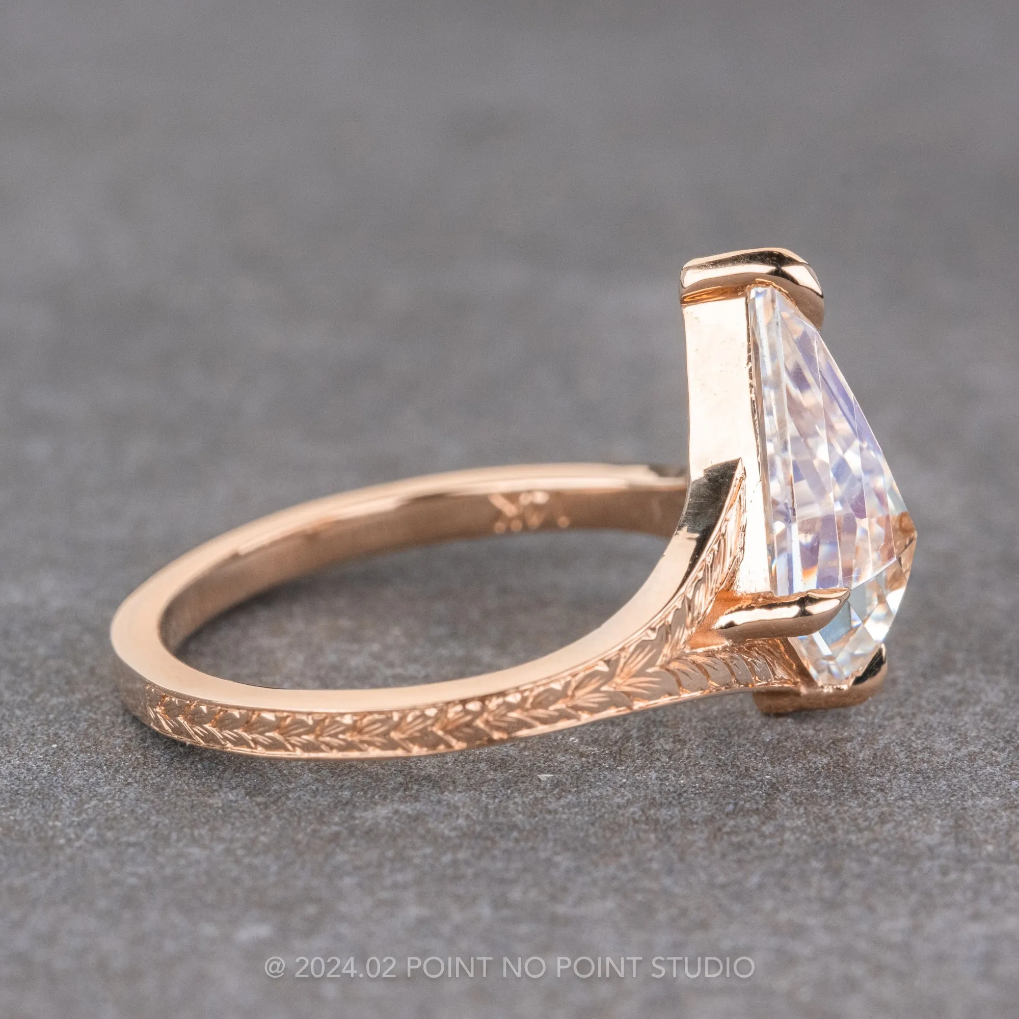 Kite Moissanite Engagement Ring, Split Shank Engraved Jane Setting, 14K Rose Gold