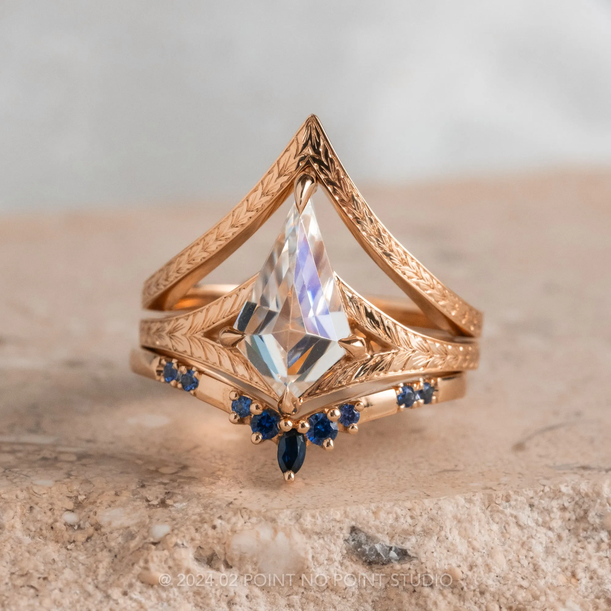 Kite Moissanite Engagement Ring, Split Shank Engraved Jane Setting, 14K Rose Gold