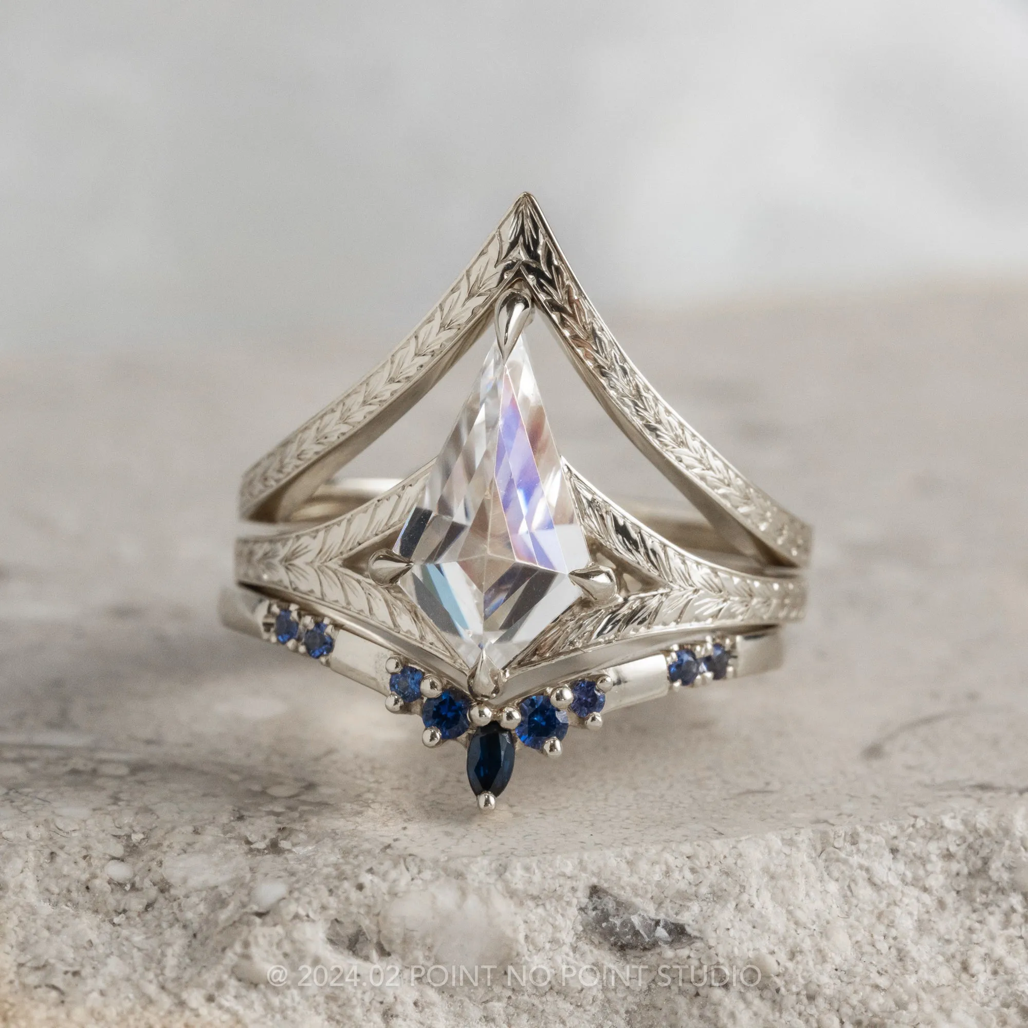Kite Moissanite Engagement Ring, Split Shank Engraved Jane Setting, Platinum