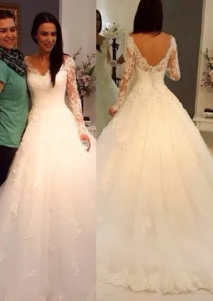 Lace Long Sleeve Court Train A-line Wedding Dress, Buttons