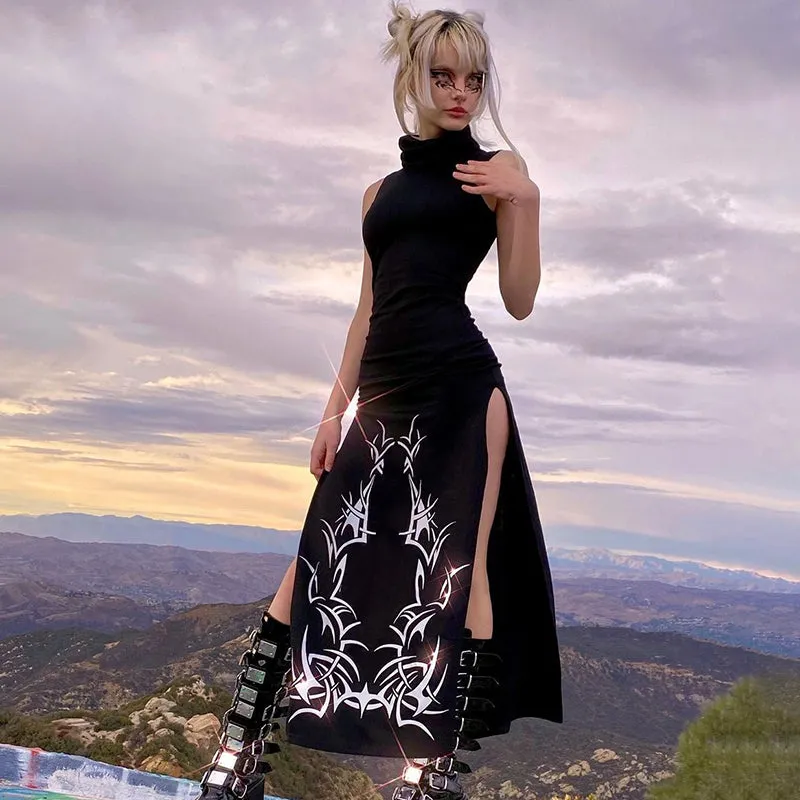 Ladies Black & White Split Side Turtleneck Sleeveless Maxi Dress