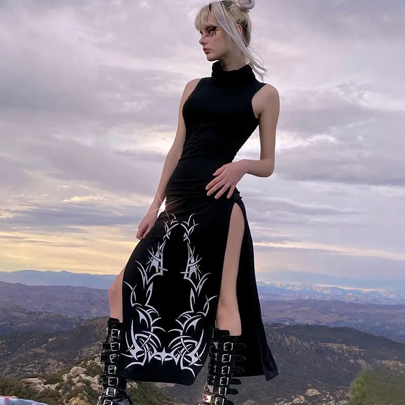 Ladies Black & White Split Side Turtleneck Sleeveless Maxi Dress