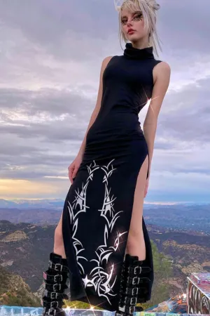 Ladies Black & White Split Side Turtleneck Sleeveless Maxi Dress