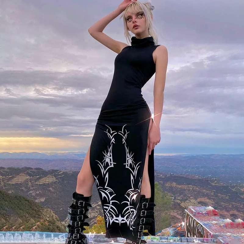 Ladies Black & White Split Side Turtleneck Sleeveless Maxi Dress
