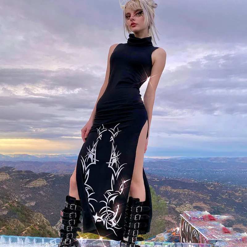 Ladies Black & White Split Side Turtleneck Sleeveless Maxi Dress