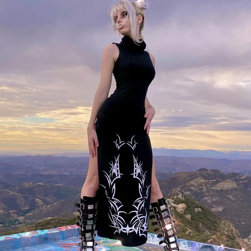 Ladies Black & White Split Side Turtleneck Sleeveless Maxi Dress