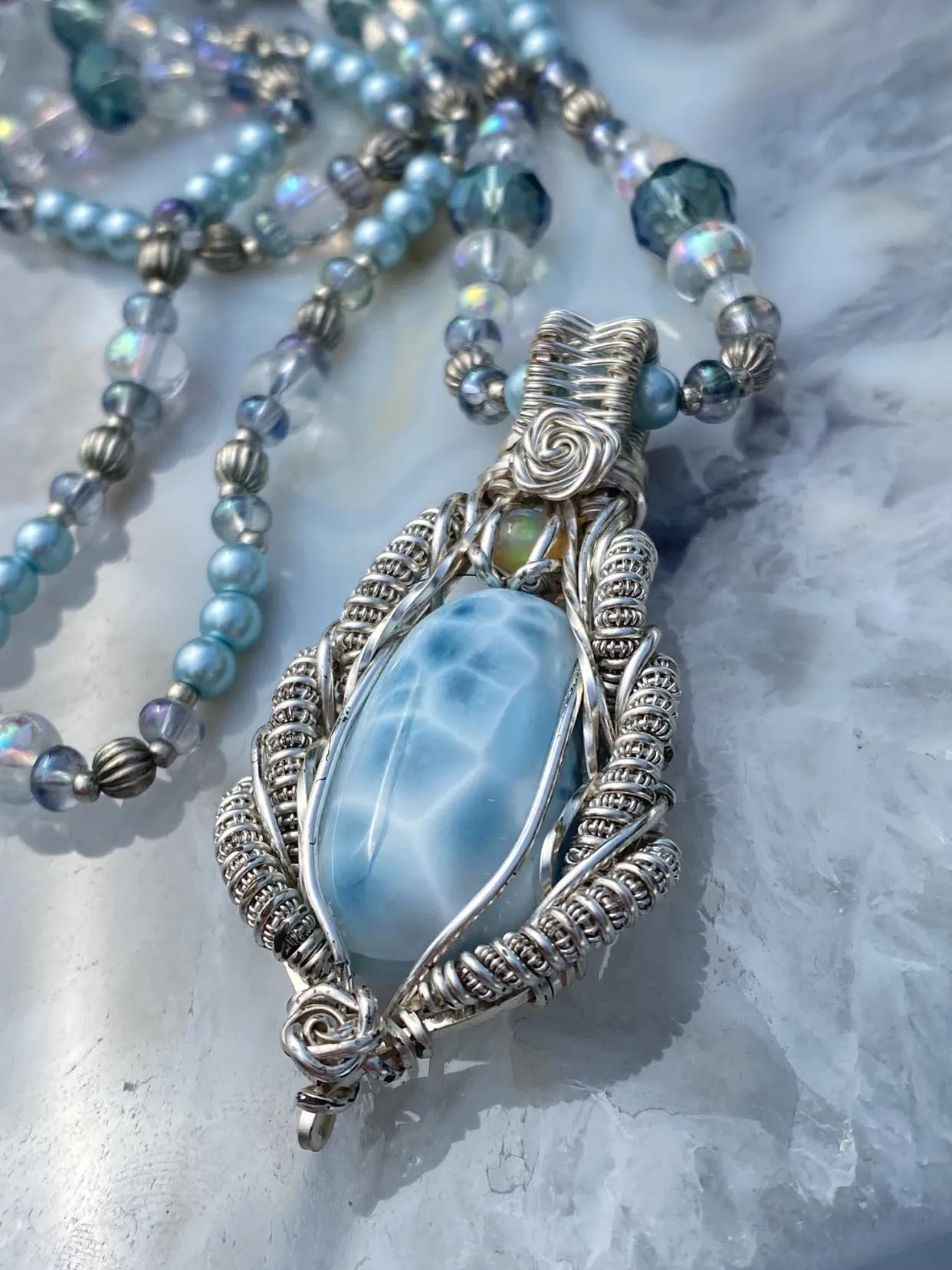 Larimar and Opal Sterling Silver Wire Wrap 22" Beaded Chain