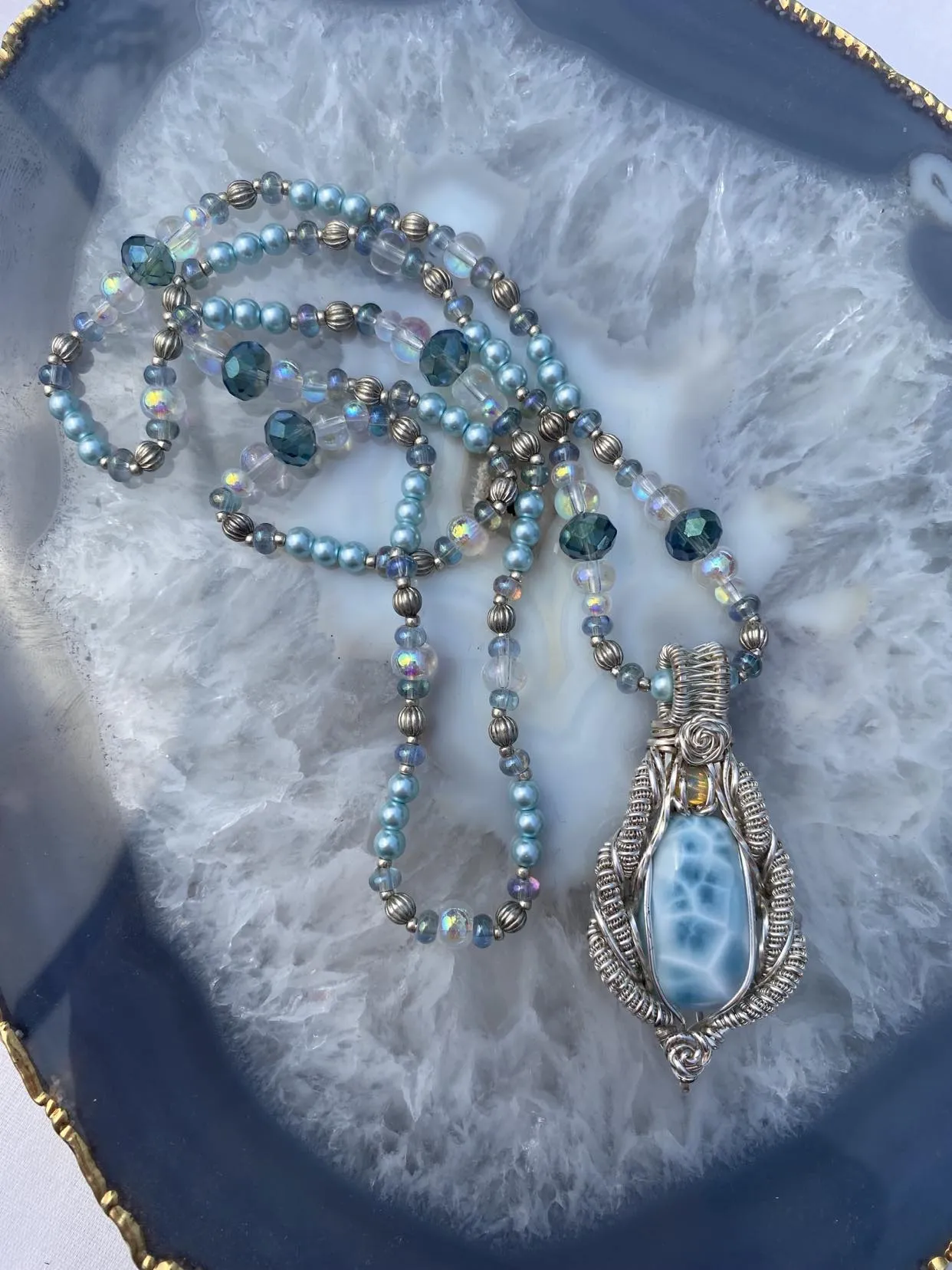 Larimar and Opal Sterling Silver Wire Wrap 22" Beaded Chain