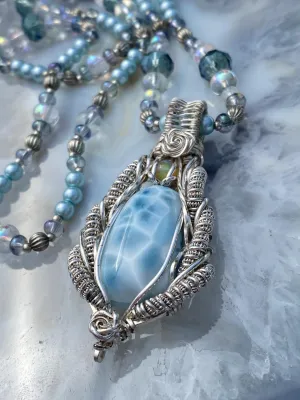 Larimar and Opal Sterling Silver Wire Wrap 22" Beaded Chain