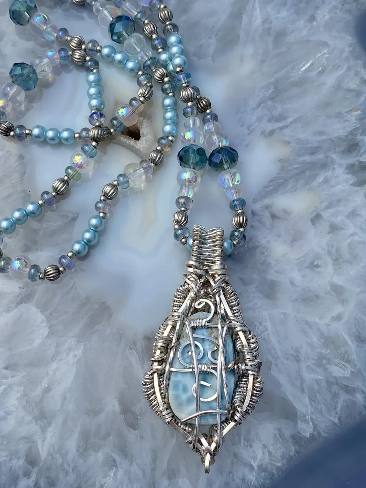 Larimar and Opal Sterling Silver Wire Wrap 22" Beaded Chain