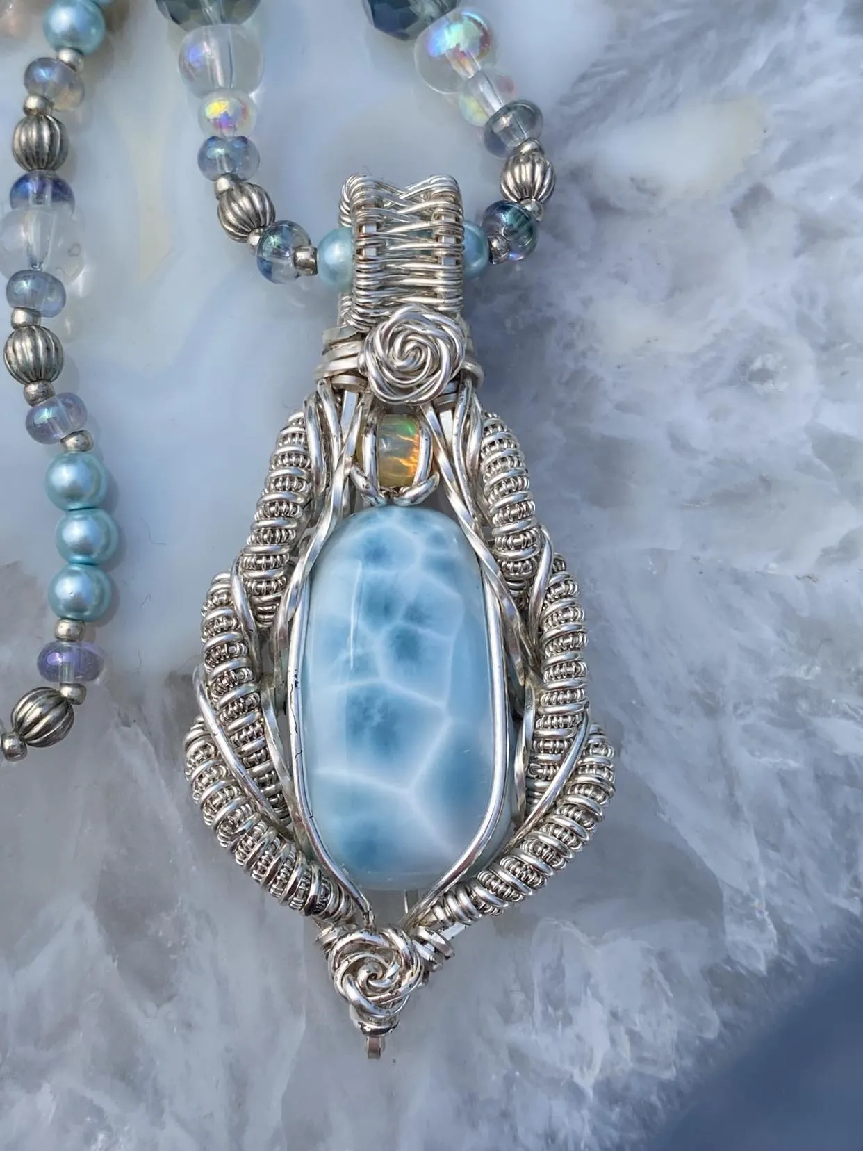 Larimar and Opal Sterling Silver Wire Wrap 22" Beaded Chain