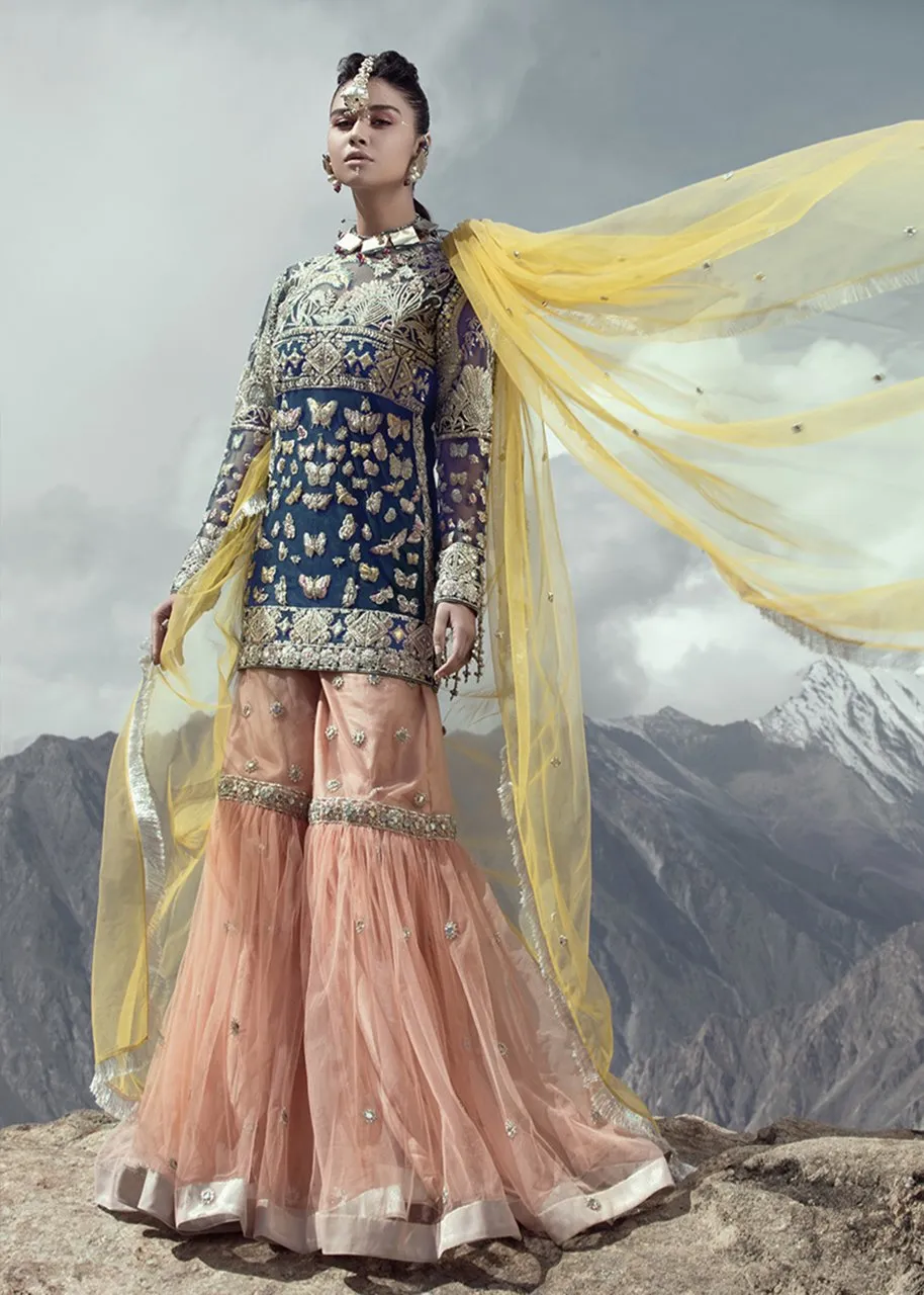 Latest net embroidered gharara dress in blue color for wedding wear # B3415
