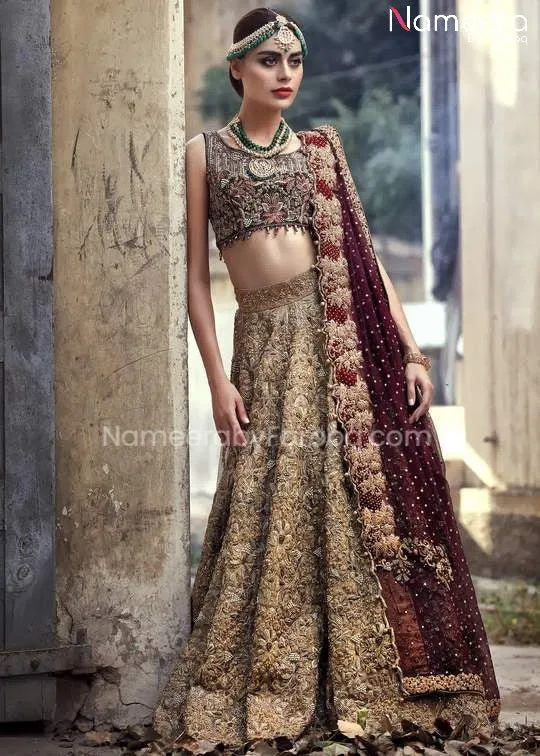 Latest Pakistani Bridal Lehenga Choli in Gold #BS57