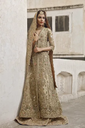 Latest Pakistani designer bridal peshwaz dress in dull gold color # B3446