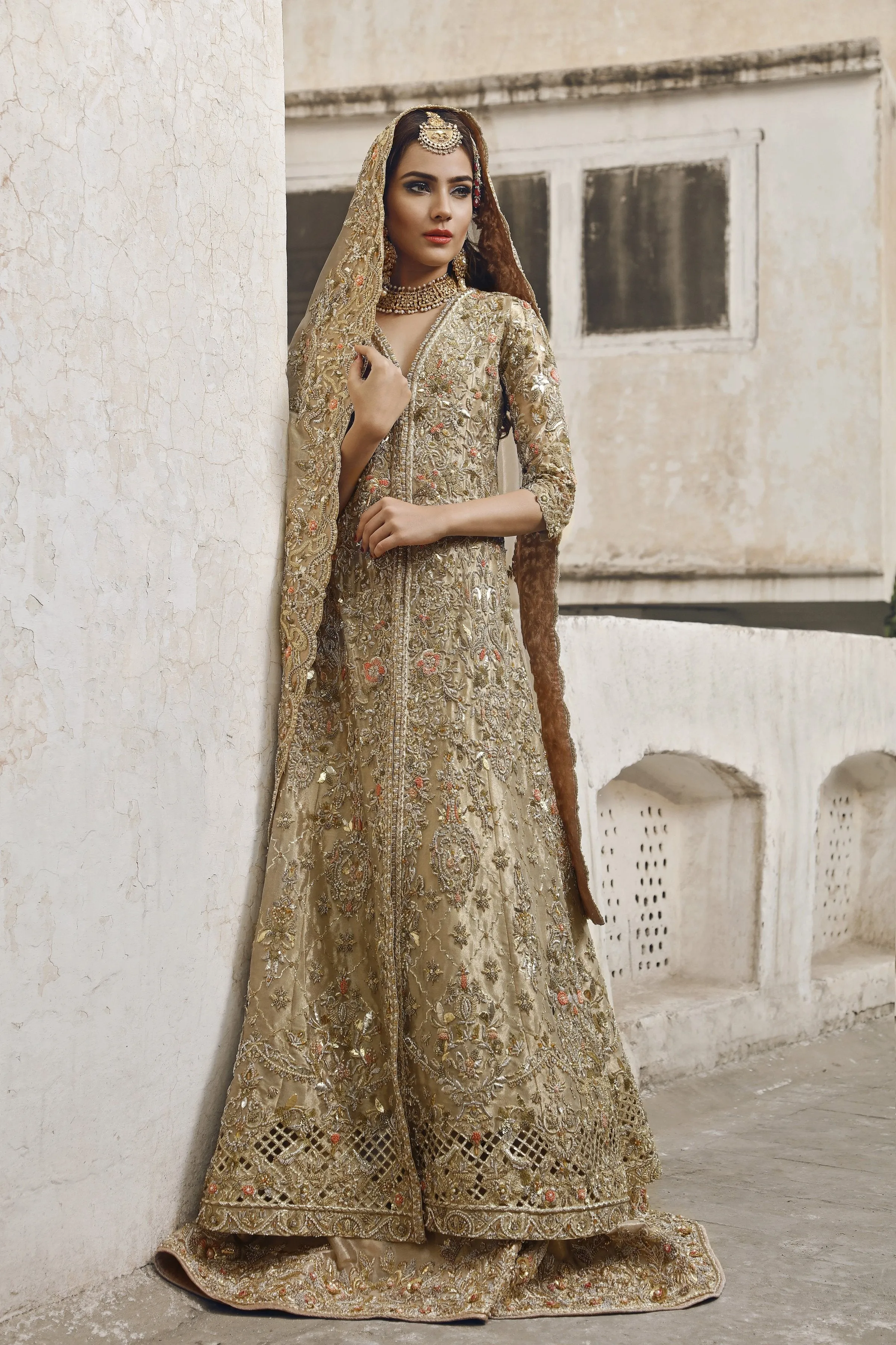 Latest Pakistani designer bridal peshwaz dress in dull gold color # B3446