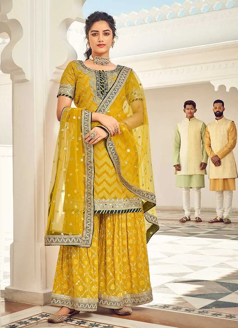Lemon Yellow and Gold Embroidered Sharara Style Suit