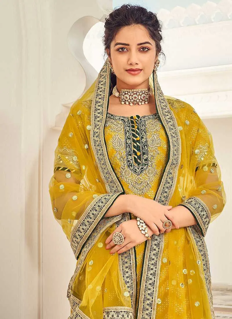 Lemon Yellow and Gold Embroidered Sharara Style Suit