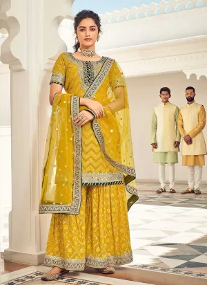 Lemon Yellow and Gold Embroidered Sharara Style Suit