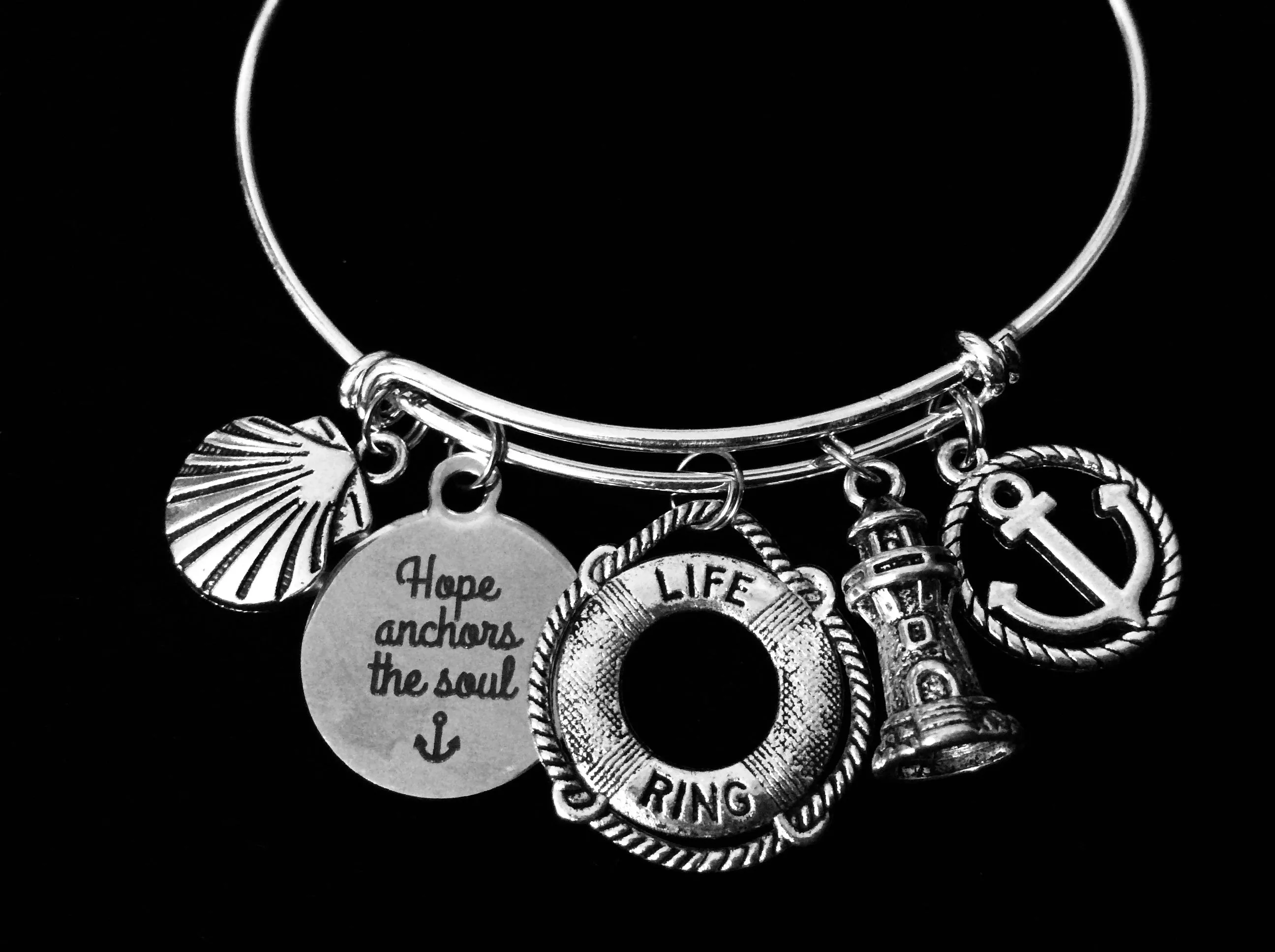 Life Ring Hope Anchors the Soul Silver Expandable Charm Bracelet Anchor Lighthouse Adjustable Bangle Nautical Jewelry Inspirational One Size Fits All Gift
