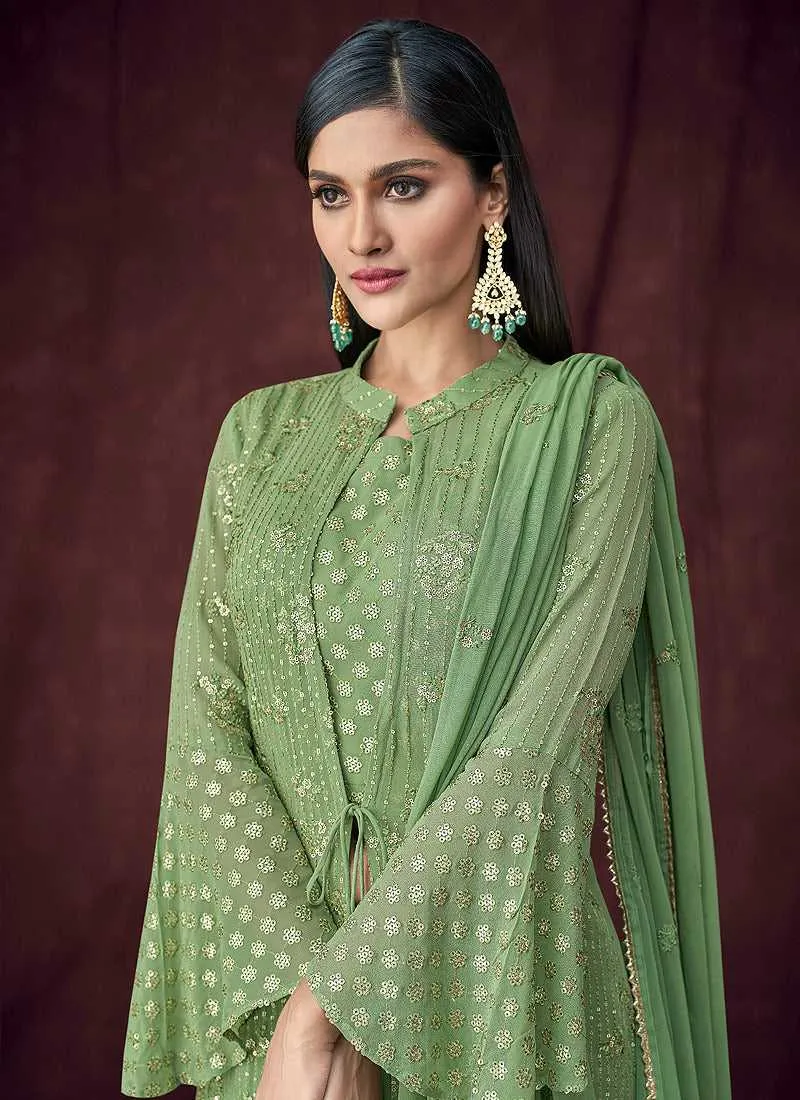 Light Green and Gold Embroidered Jacket Style Lehenga