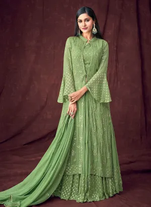 Light Green and Gold Embroidered Jacket Style Lehenga