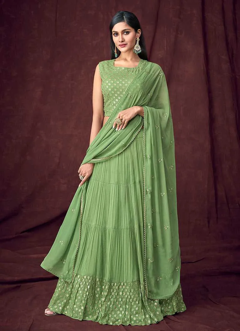 Light Green and Gold Embroidered Jacket Style Lehenga