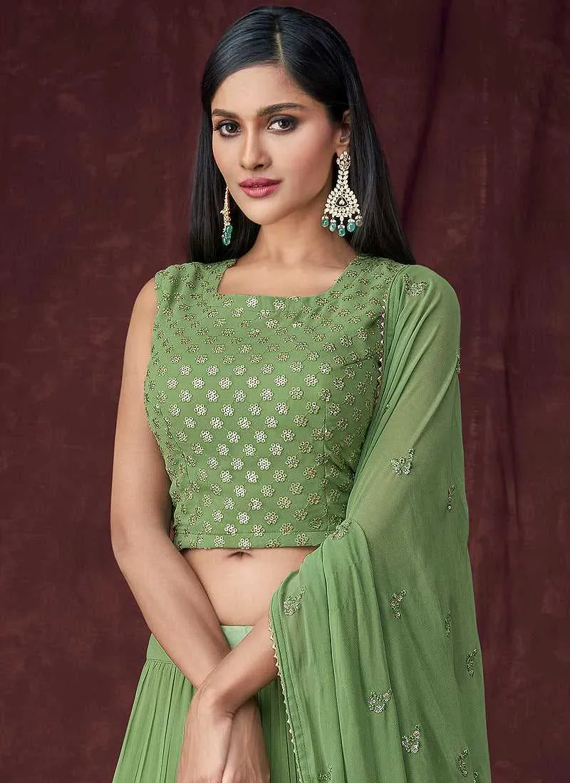 Light Green and Gold Embroidered Jacket Style Lehenga