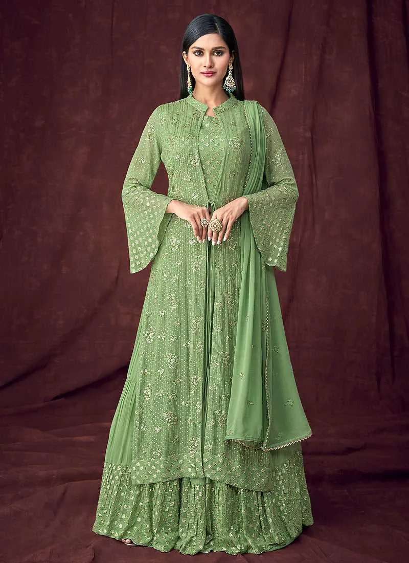 Light Green and Gold Embroidered Jacket Style Lehenga