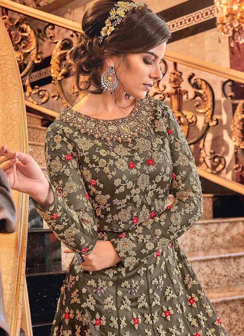 Light Grey and Gold Heavy Embroidered Anarkali