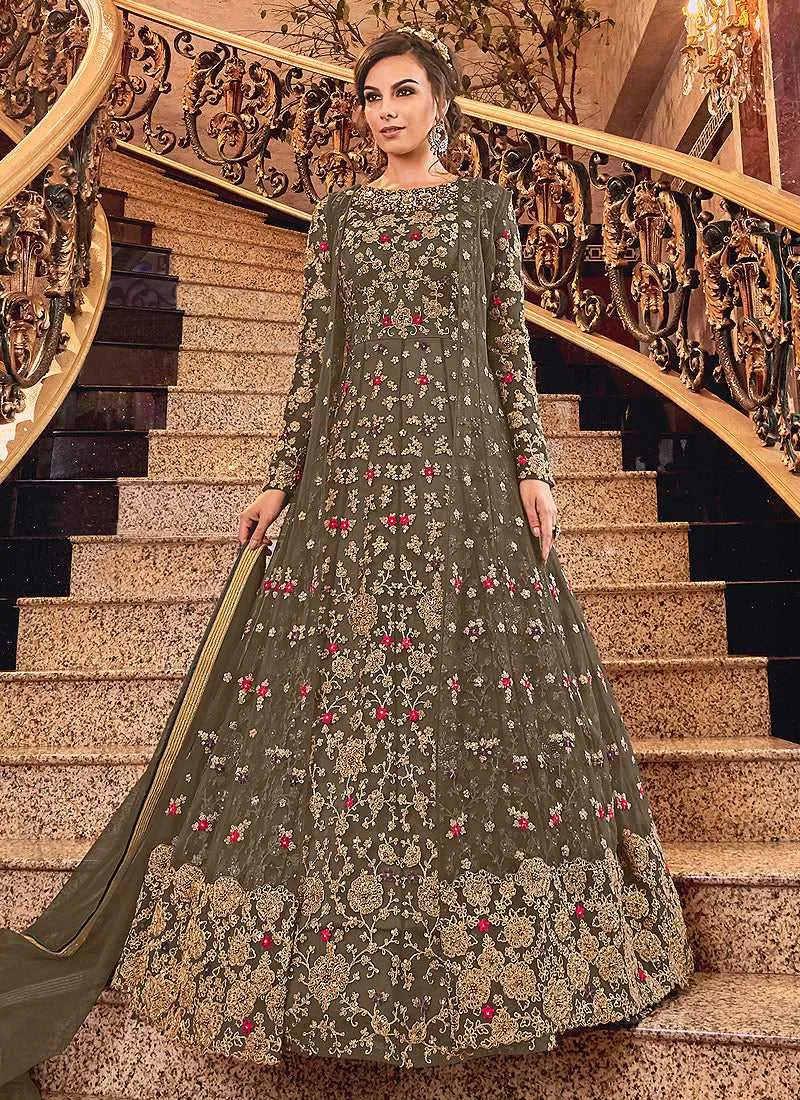 Light Grey and Gold Heavy Embroidered Anarkali