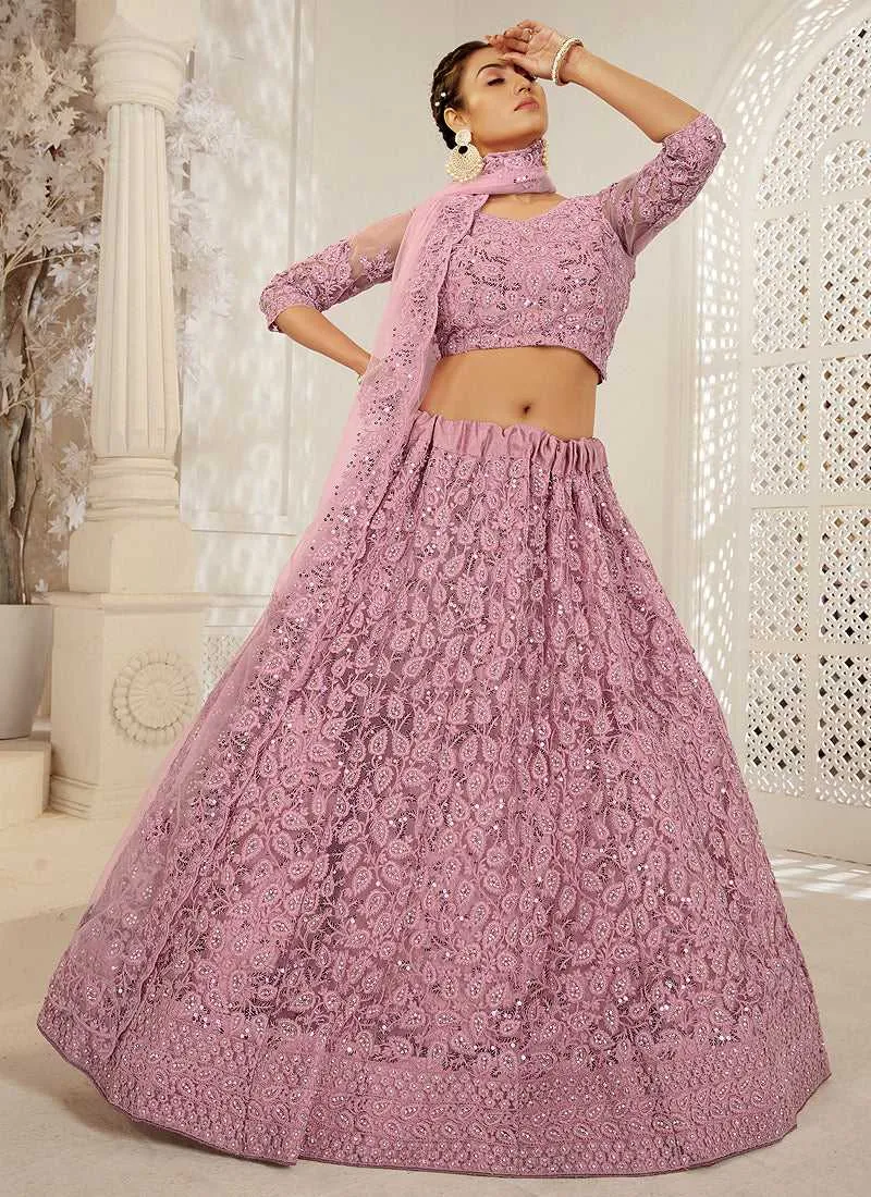 Light Pink Heavy Net Embroidered Kalidar Lehenga Choli