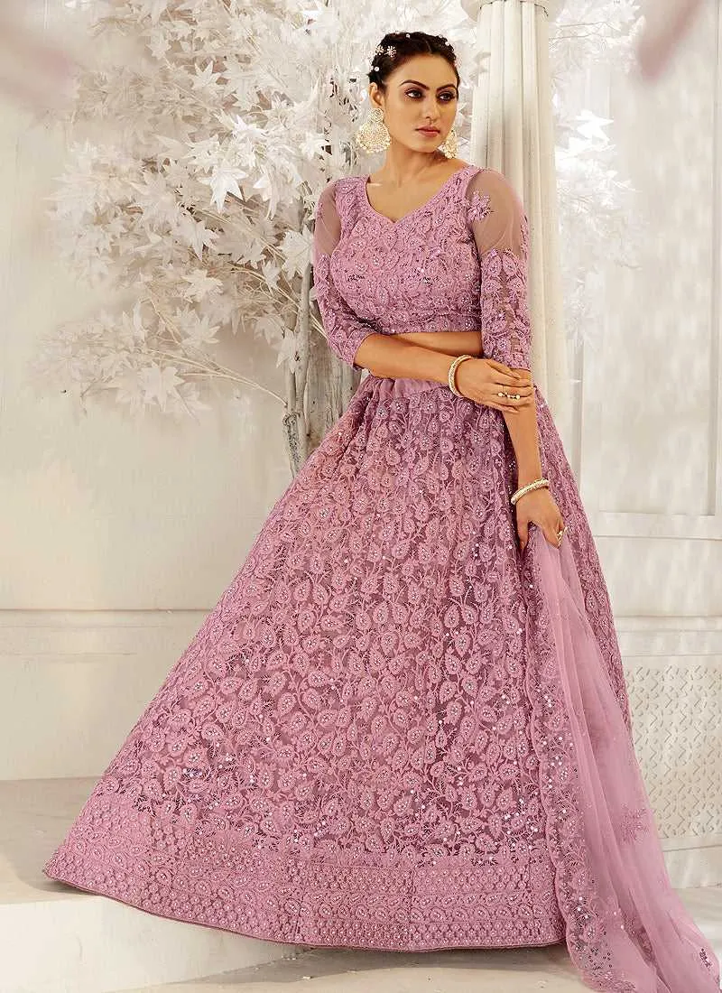 Light Pink Heavy Net Embroidered Kalidar Lehenga Choli