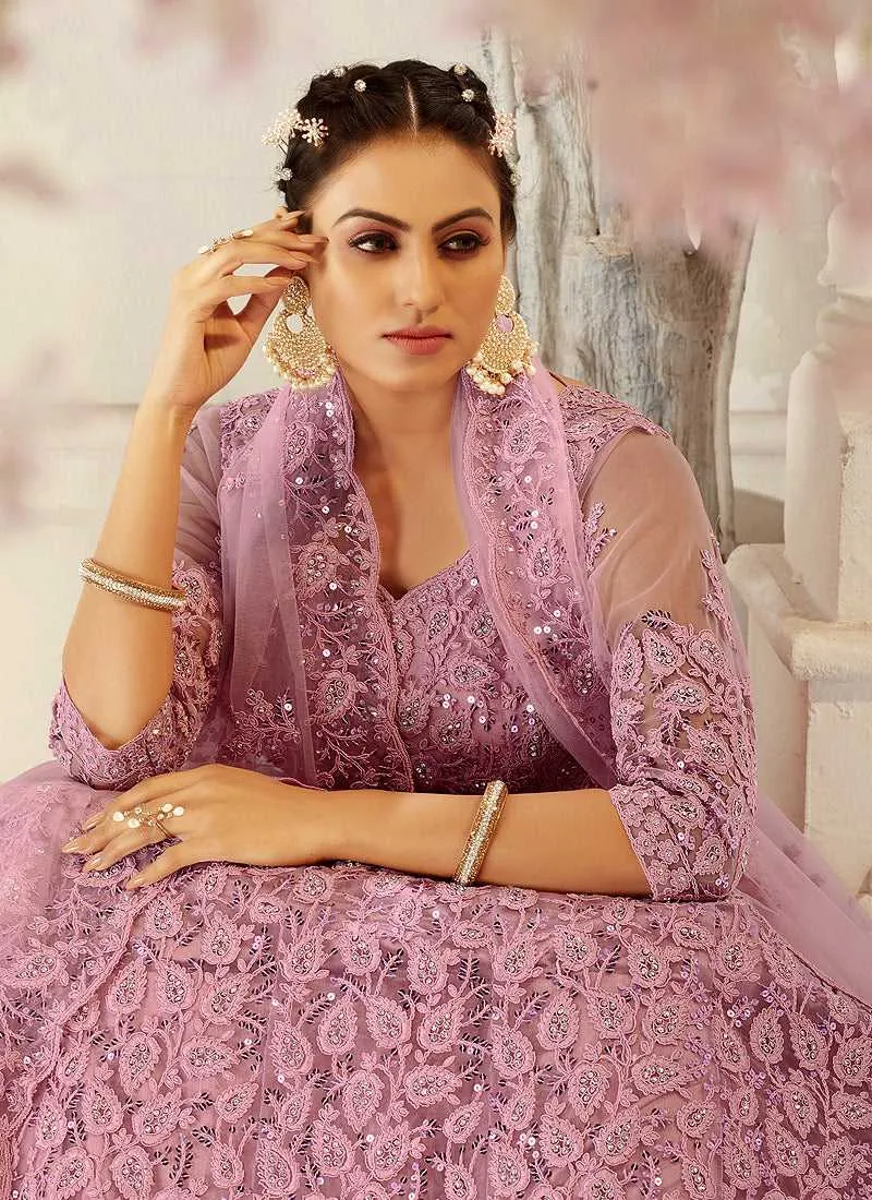 Light Pink Heavy Net Embroidered Kalidar Lehenga Choli