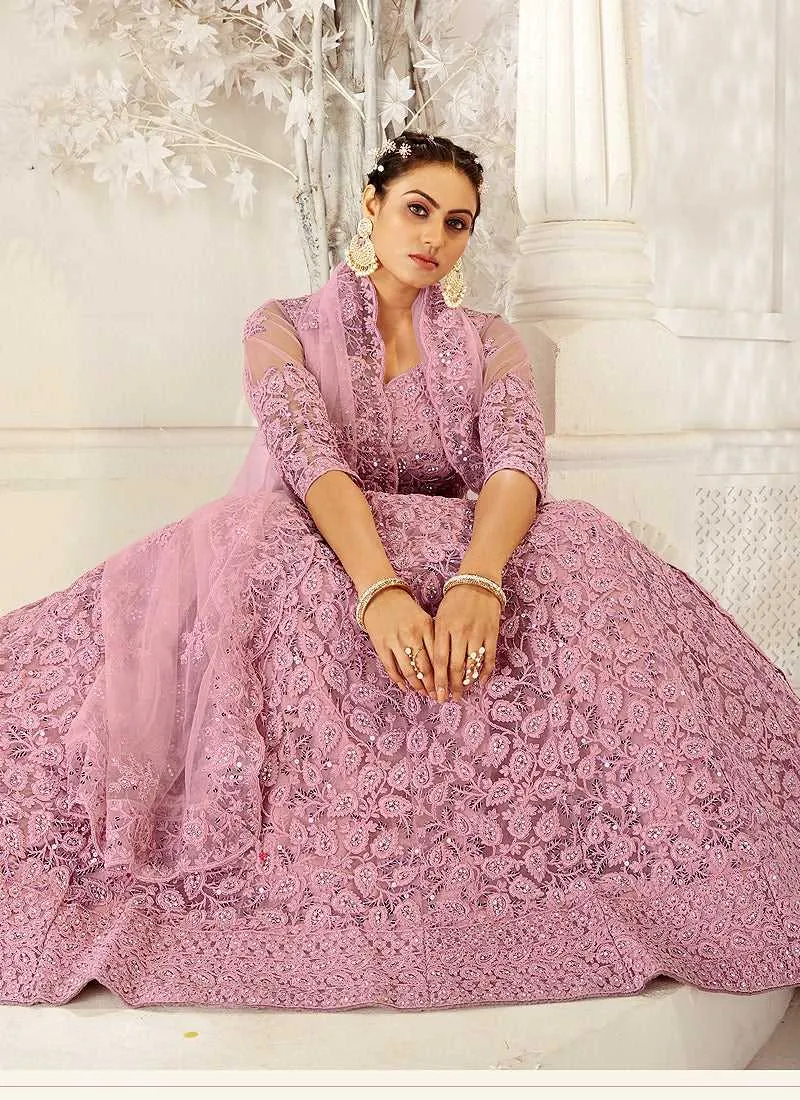 Light Pink Heavy Net Embroidered Kalidar Lehenga Choli