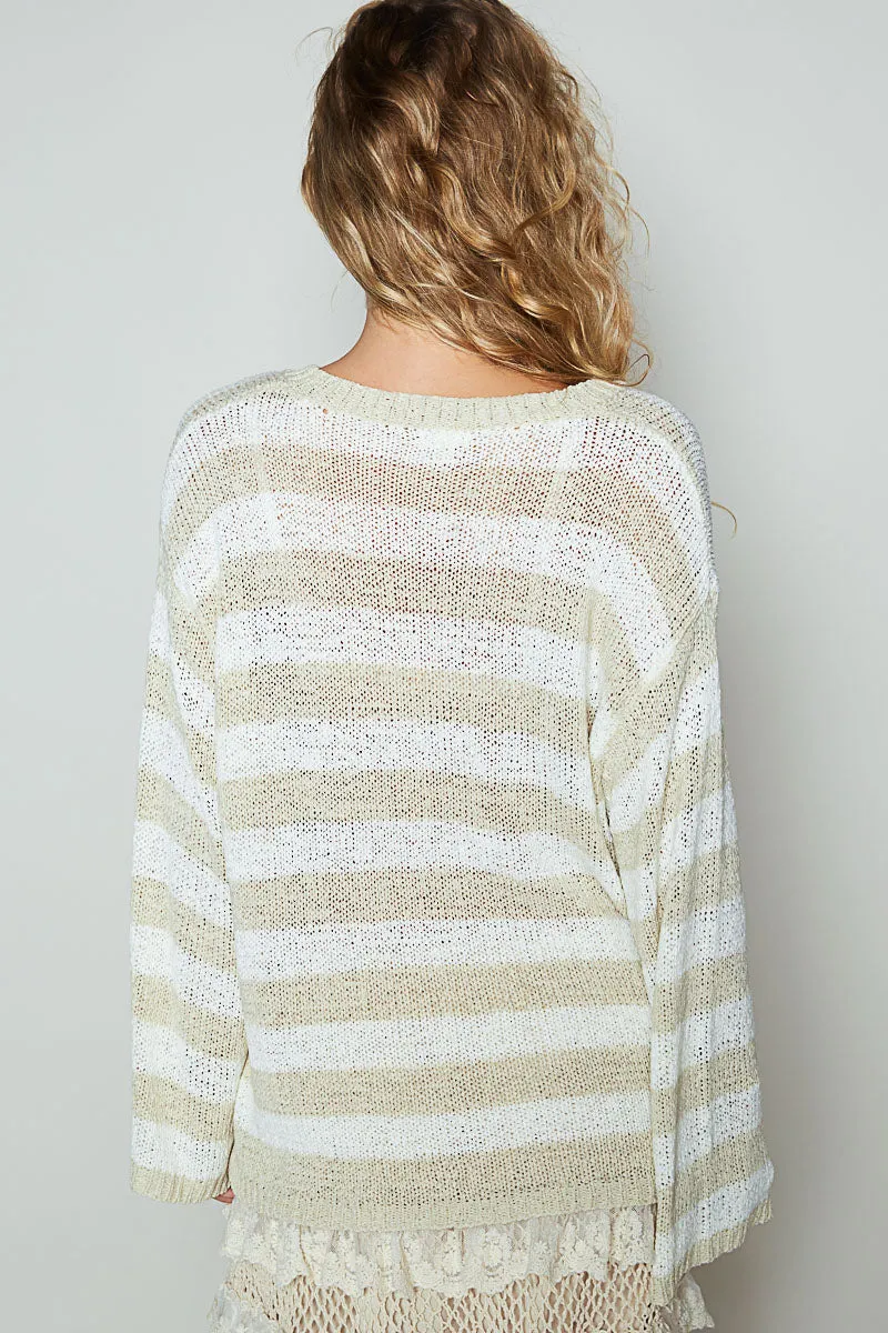 Lightweight Knit Beach Henley by POL - Sand Multi