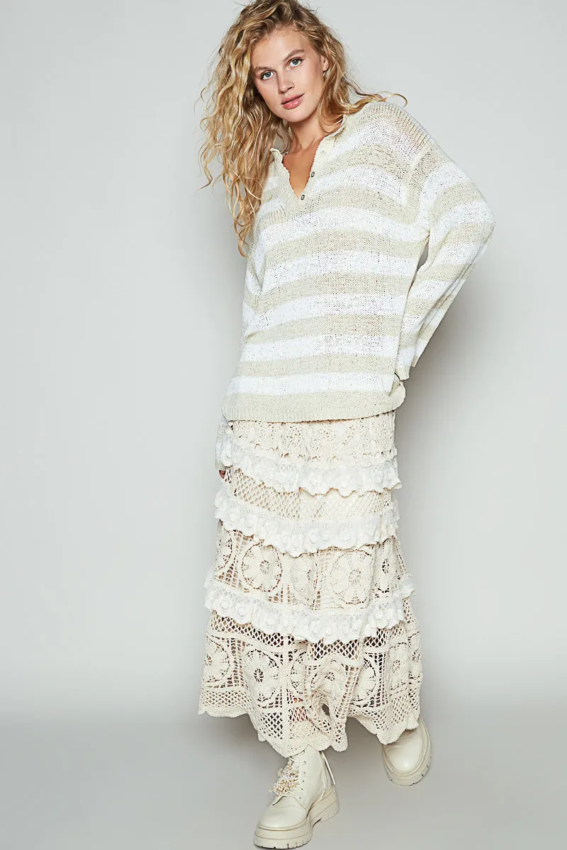 Lightweight Knit Beach Henley by POL - Sand Multi