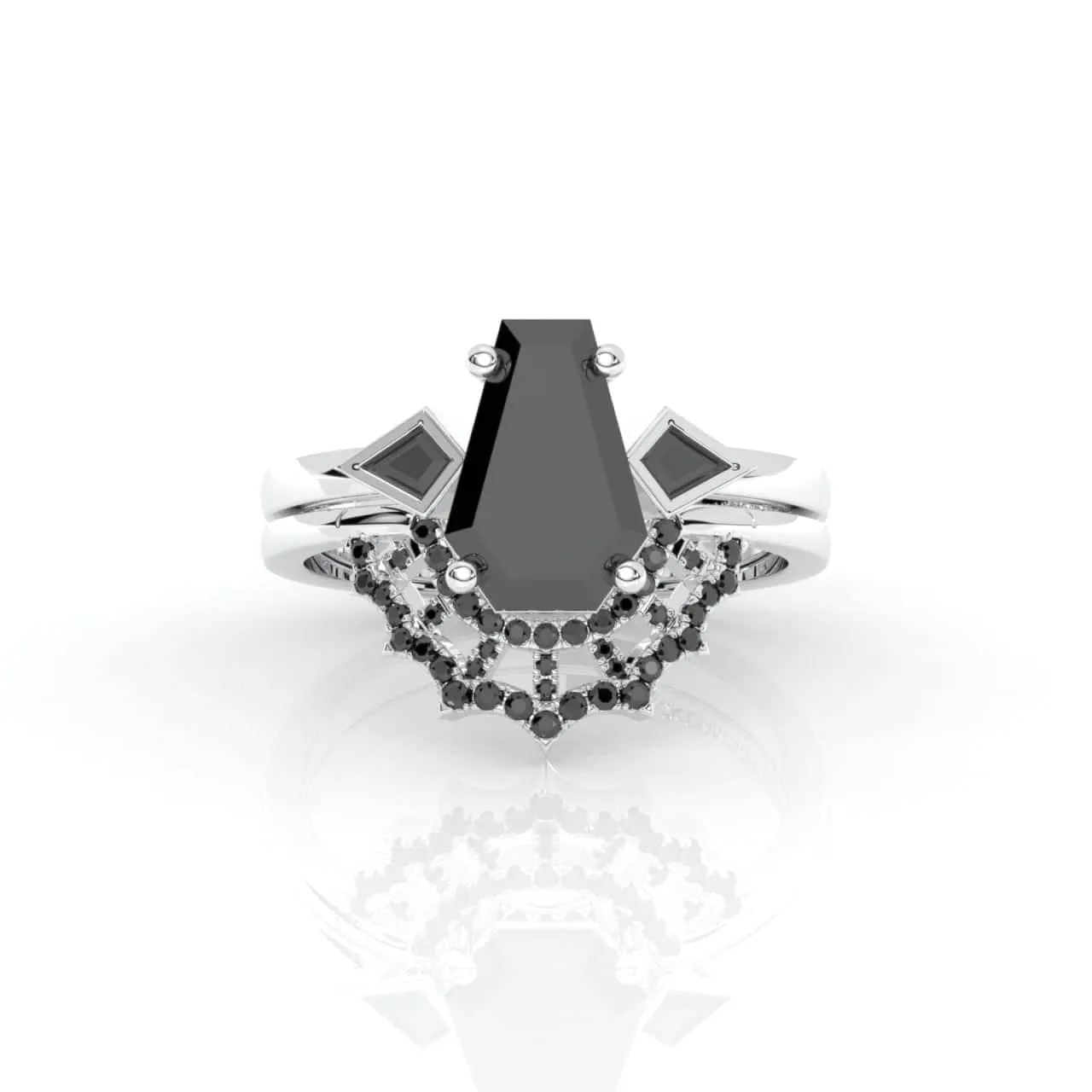 LOVE SPELL- Coffin Cut Diamond Spider Web Gothic Wedding Ring Set