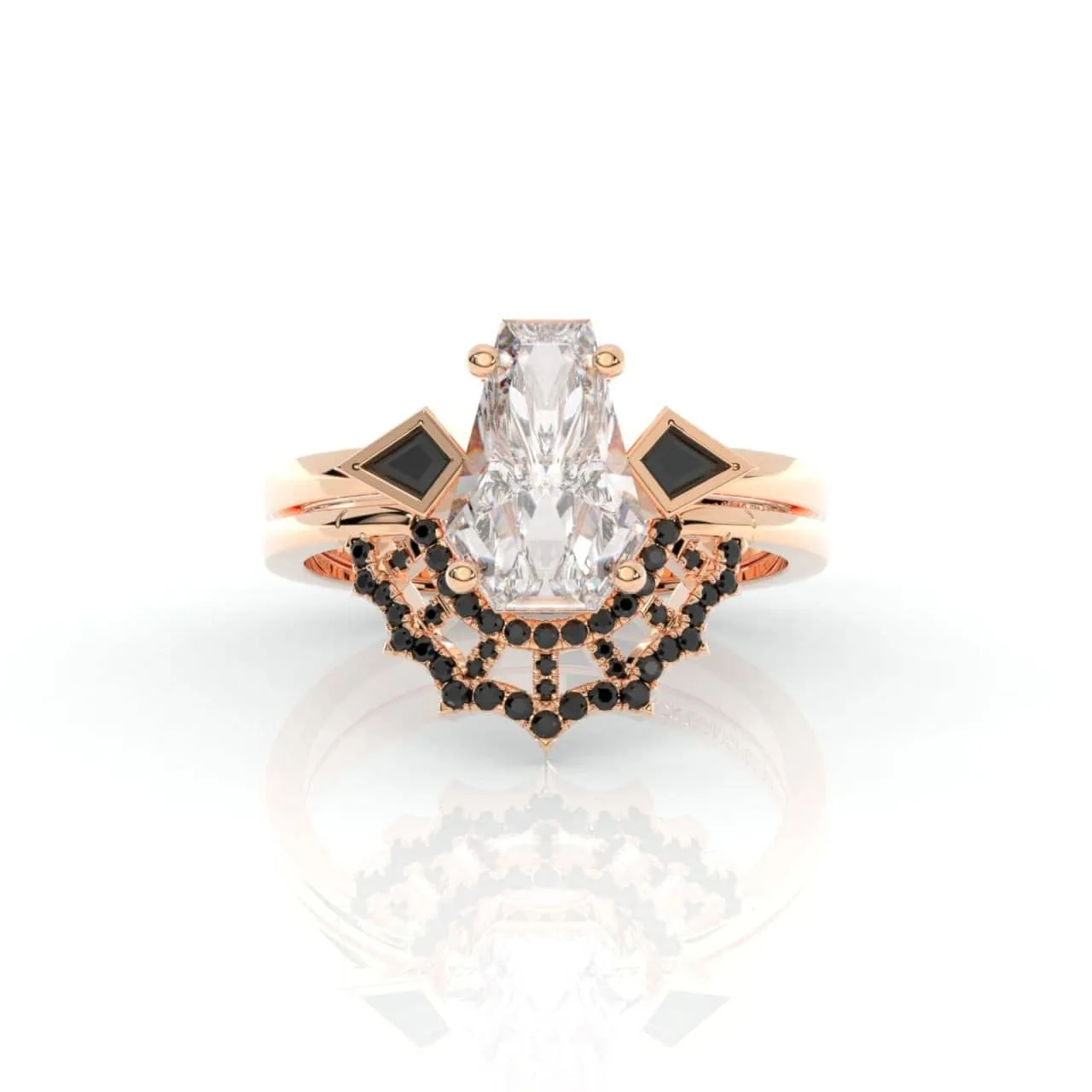 LOVE SPELL- Coffin Cut Diamond Spider Web Gothic Wedding Ring Set