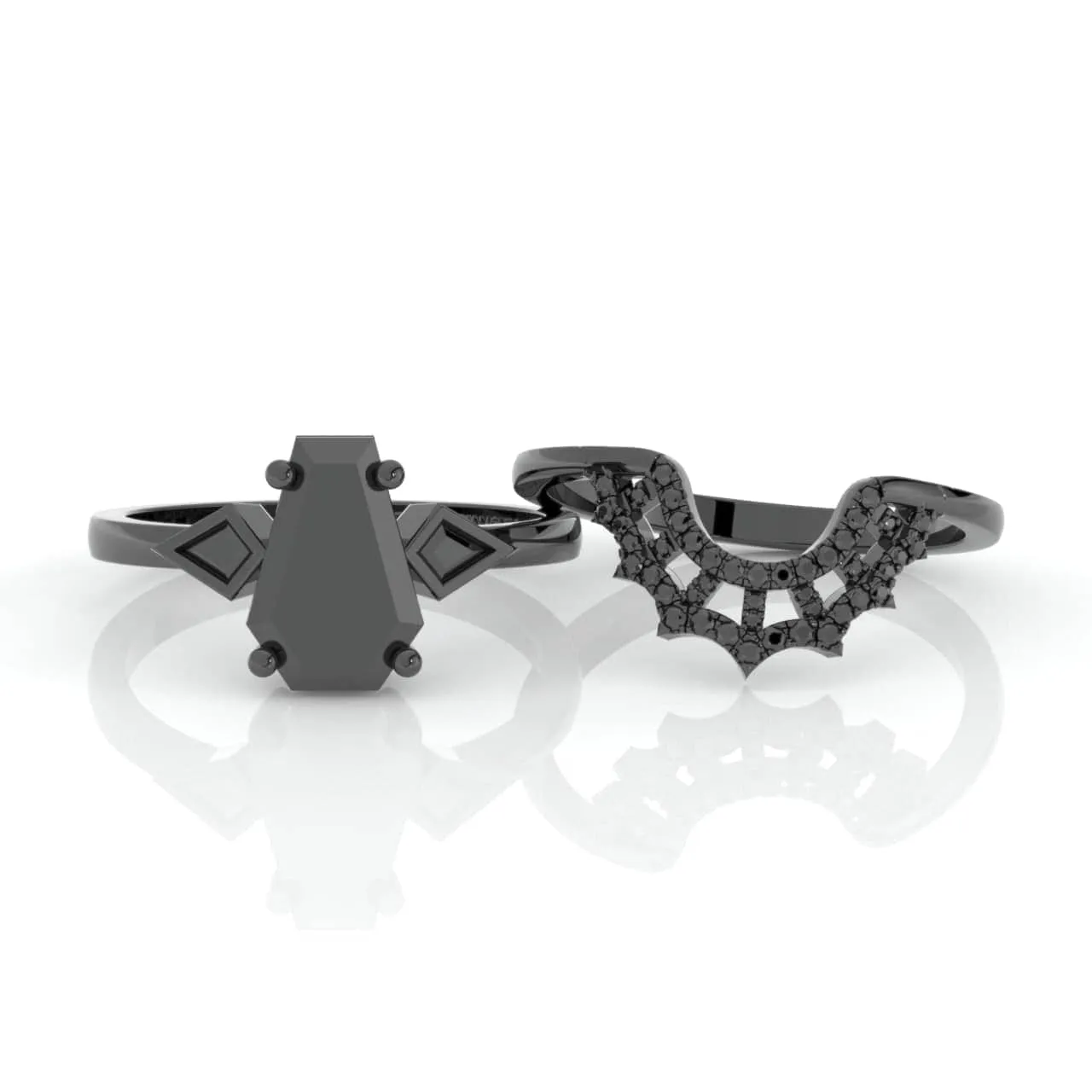 LOVE SPELL- Coffin Cut Diamond Spider Web Gothic Wedding Ring Set