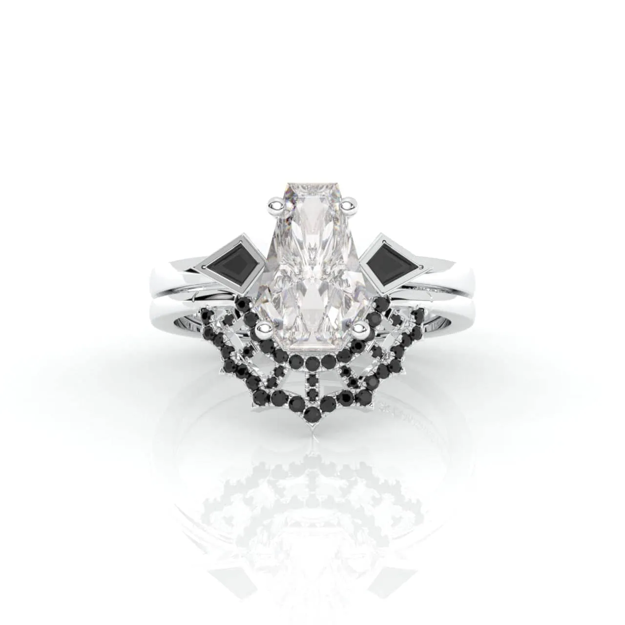 LOVE SPELL- Coffin Cut Diamond Spider Web Gothic Wedding Ring Set