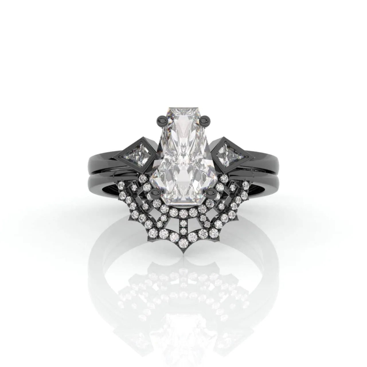 LOVE SPELL- Coffin Cut Diamond Spider Web Gothic Wedding Ring Set