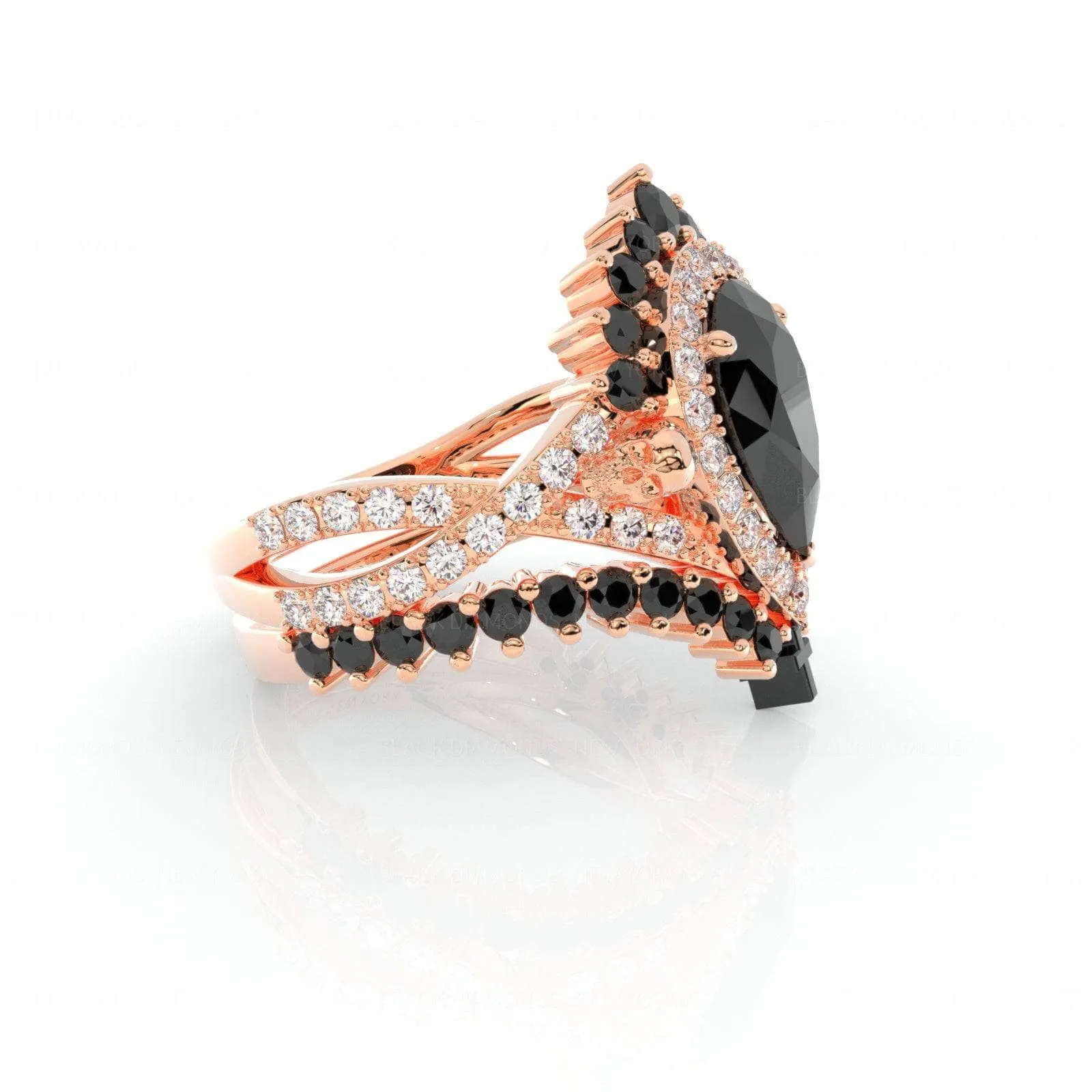 Loyalty Ring- 1ct Pear Cut Black Diamond Skull Ring Set