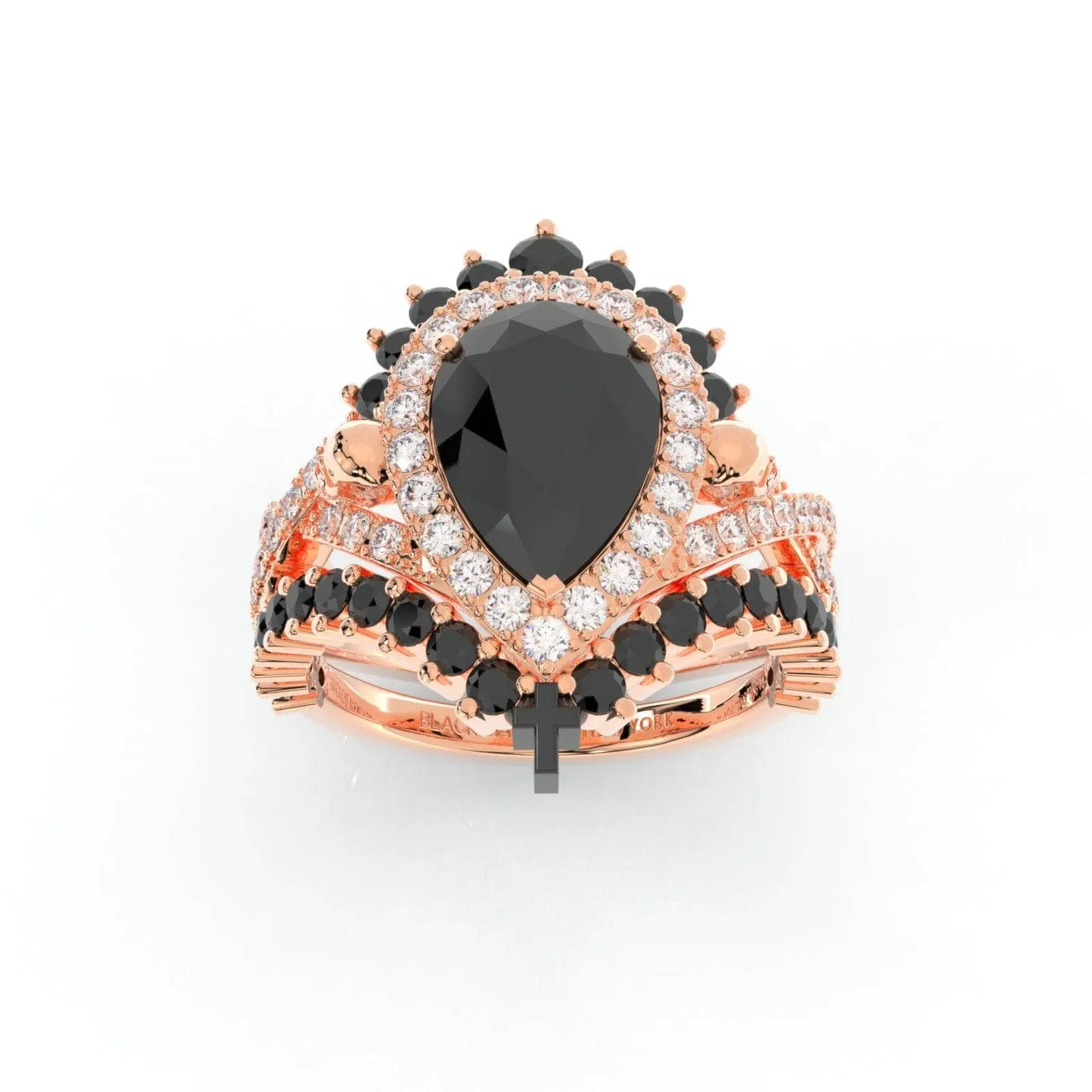 Loyalty Ring- 1ct Pear Cut Black Diamond Skull Ring Set