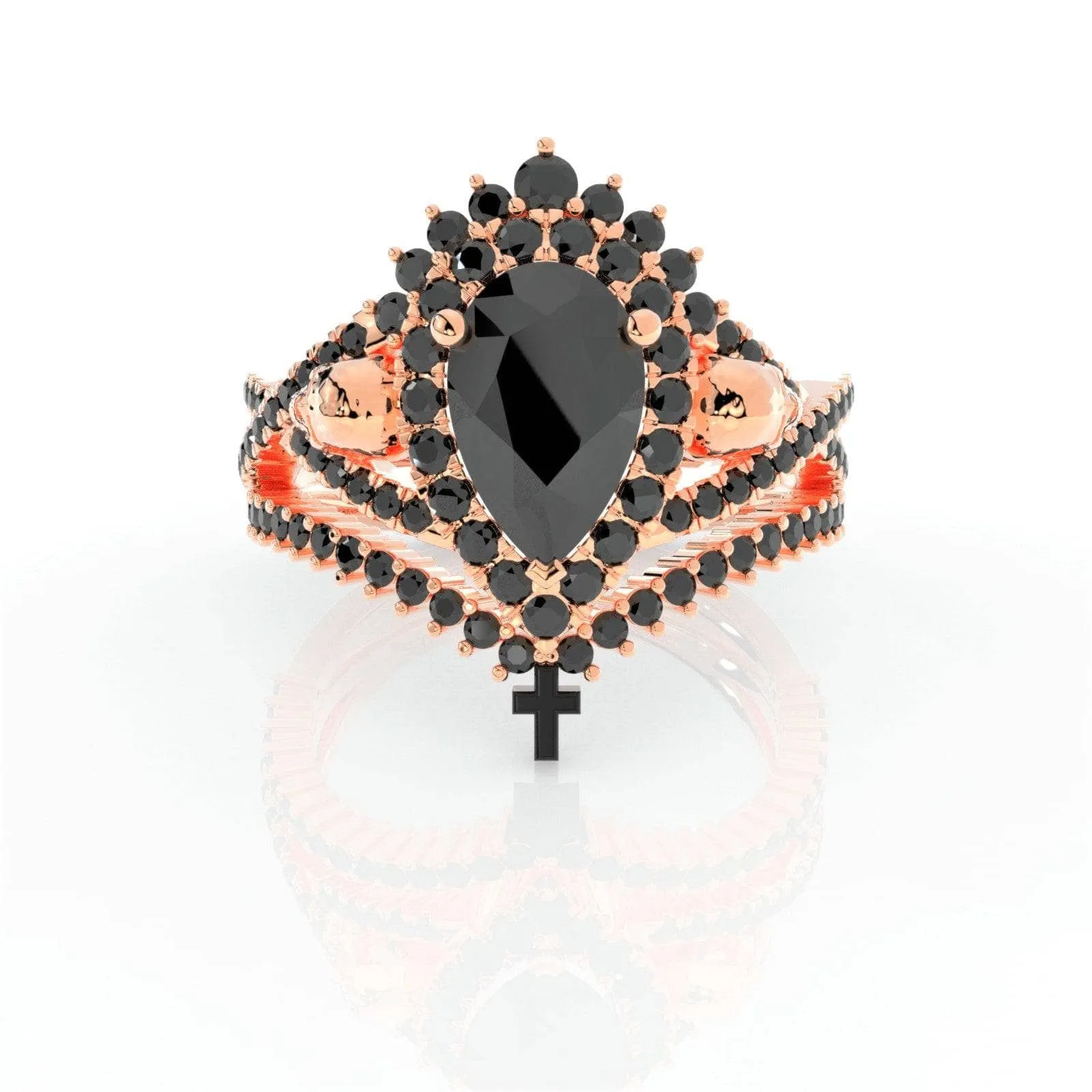 Loyalty Ring- 1ct Pear Cut Black Diamond Skull Ring Set