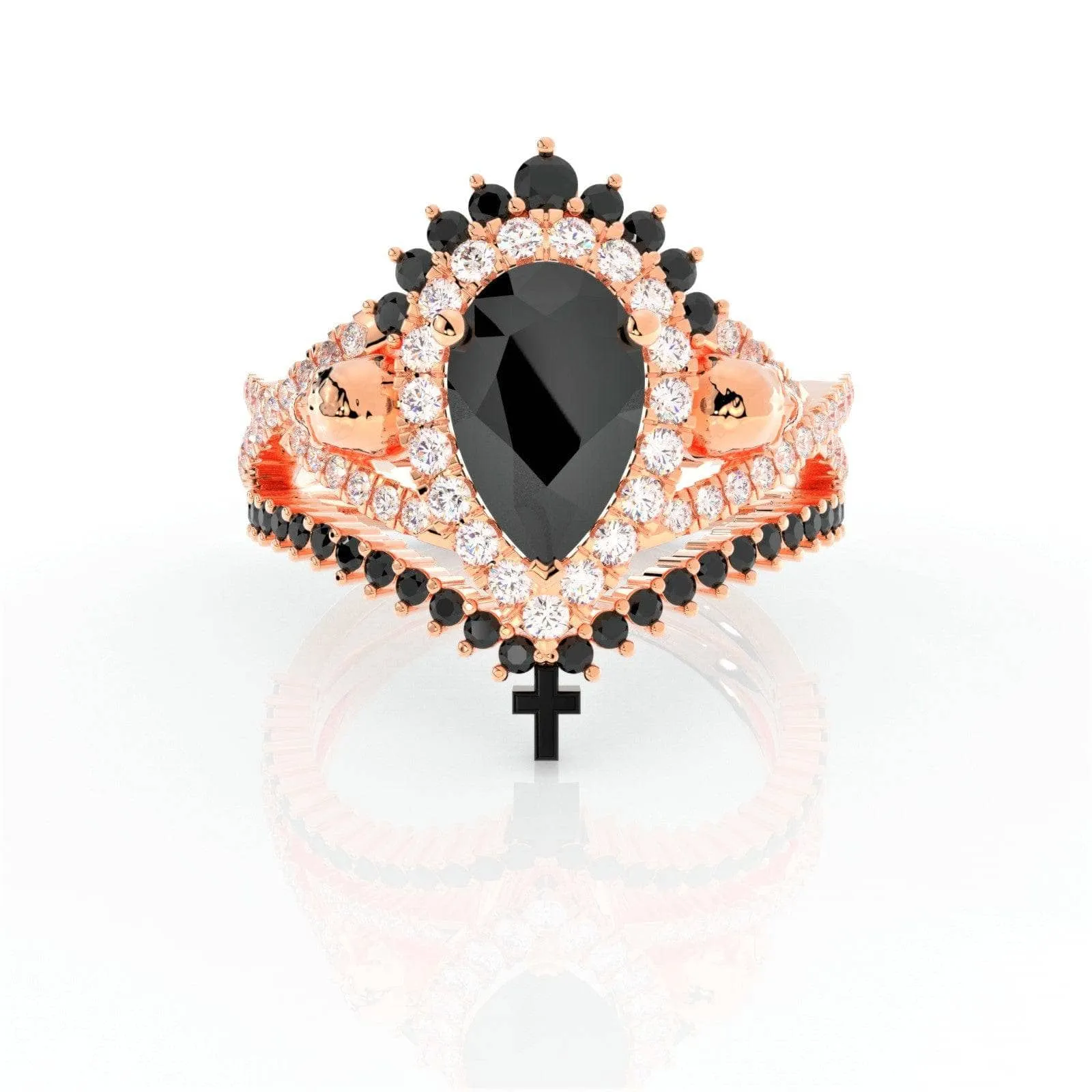 Loyalty Ring- 1ct Pear Cut Black Diamond Skull Ring Set