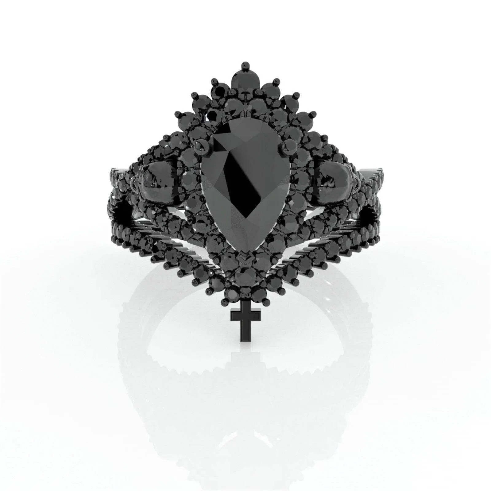 Loyalty Ring- 1ct Pear Cut Black Diamond Skull Ring Set