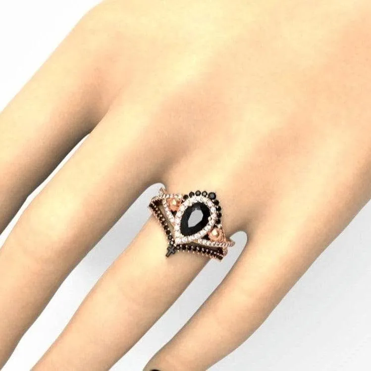 Loyalty Ring- 1ct Pear Cut Black Diamond Skull Ring Set