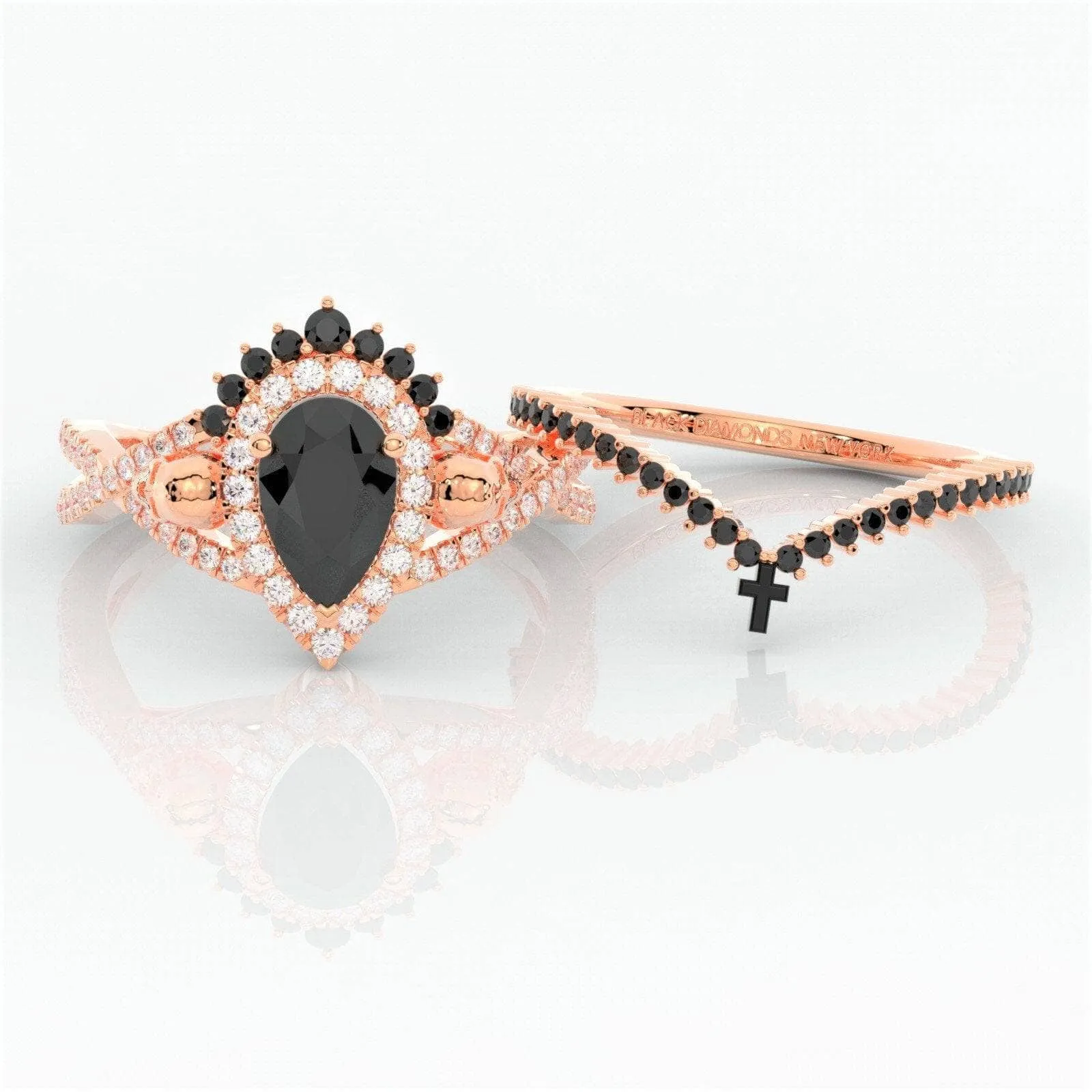 Loyalty Ring- 1ct Pear Cut Black Diamond Skull Ring Set